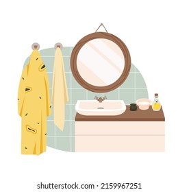 Bathroom or toilet interior with furniture and sanitary equipment vector illustration. Cartoon bathrobe and towel hanging on hanger near mirror on wall, washbasin with faucet isolated on white