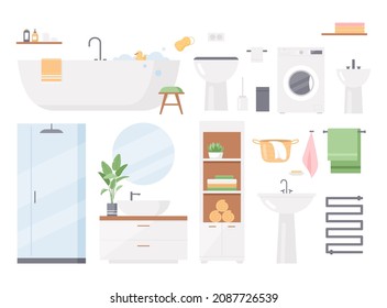Bathroom and toilet interior. Vector set of shower, bath, toilet, sink, bidet, towels, mirror and accessories. Bath furniture collection. Cozy room. Cosmetic bottles on shelf. Cartoon flat style