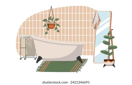 el cuarto de baño y el wc están decorados al estilo escandinavo. Cuartos de baño y vestidores con lavabo, lavabos, espejos, duchas, armarios y plantas. Ilustración vectorial plana sobre fondo blanco