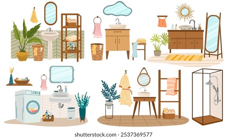 Banheiro e banheiro interiores em estilo escandinavo. Quartos de banho e closet com lavatórios, pias, espelhos, chuveiro, armários e plantas. Ilustração de vetor plano isolada no plano de fundo branco