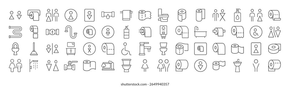 Pacote de ícone de banheiro e linha de banheiro. Outline Signs para Gráficos e Web Design, Apps, Anúncios, Vários Cartões 