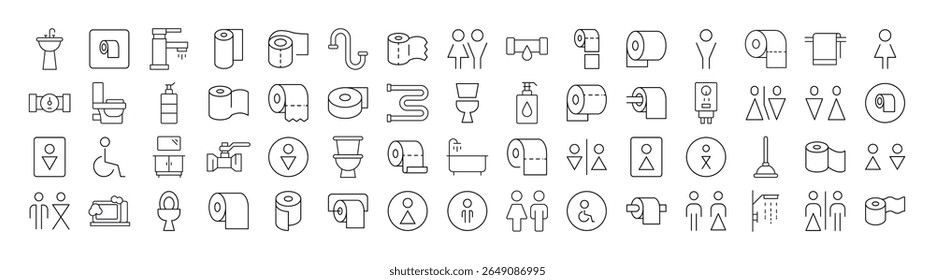 Coleção de ícones de banheiro e linha de banheiro. Outline Signs para Gráficos e Web Design, Apps, Anúncios, Vários Cartões 