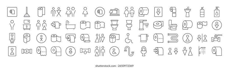 Casa de banho e WC Line Icon Pack. Outline Signs para Gráficos e Web Design, Apps, Anúncios, Vários Cartões 