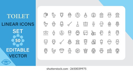 Bathroom and toilet linear icons set. Shower, tub, bathtub and more. Outline vector icon in linear style. Editable stroke. Vector illustration.