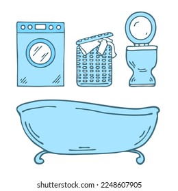 Bathroom and toilet, objects set. Washing machine, laundry basket, toilet and bathtub. Cartoon vector illustration isolated on white background. Outline hand drawn sketch