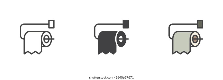 Bathroom toilet paper roll holder icon set in three vector styles: line, solid, and filled outline colorful. Utility symbol for hygiene and restroom use.