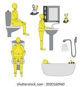 Bathroom with toilet, shower, mirror and sink and accessories. Vector illustration. Isolated. the mannequin bathes in the bathroom, sits on the toilet, washes his hands.