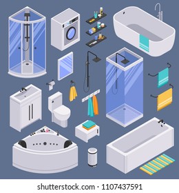 Bathroom Toilet Sink Units Bathtubs Shower Cabins Cubicles Furniture Accessories Isometric Set Against Dark Background Vector Illustration  