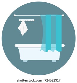 Bathroom and toilet tiles, home interior, shower and curtains. Vector illustration on white background.