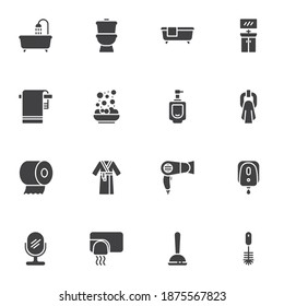 Bathroom and toilet vector icons set, modern solid symbol collection, filled style pictogram pack. Signs, logo illustration. Set includes icons as bathtub shower, towel, soap, toilet paper, mirror