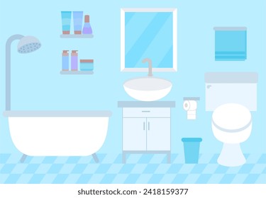 Bathroom and toiletinterior with accessories.Cabinet with sink, mirror,bathtub, gel shampoo and towel rail.Tub hotel apartment.Furniture bath room.Flat design.Graphic.Cartoon vector illustration.