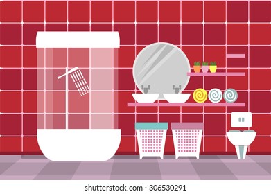 a bathroom with toiletries and furnishings in the flat style and retro colors