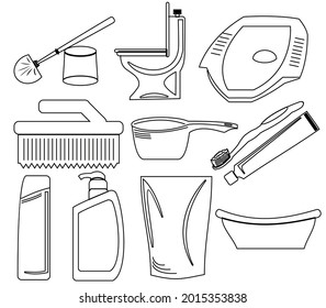 bathroom tools design concept, flat style with line art icons on white background. can be used for children's coloring book and others.