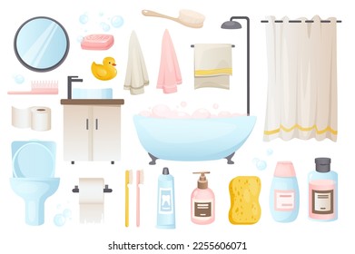 Bathroom tools set graphic elements in flat design. Bundle of bath, mirror, soap, rubber duck, towel, shower curtain, comb, toilet, paper, sink, shampoo and other. Vector illustration isolated objects