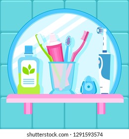 Bathroom tooth care tool concept background. Flat illustration of bathroom tooth care tool vector concept background for web design