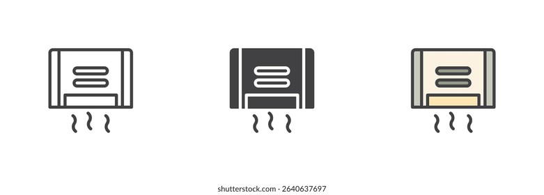 Bathroom towel heater or radiator icon set in three styles: line, solid, and filled outline colorful. Vector symbol for bathroom heating and drying utilities.