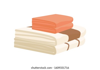 Bathroom towels pile flat vector illustration. Big and small folded towels stack isolated on white background. Fluffy bathroom linen pile. Luxury spa center accessories. Cotton face cloth.