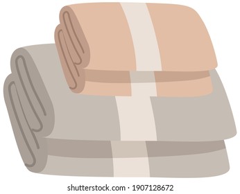 Badetücher sind auf einer flachen Vektorgrafik zu sehen. Graue und beige gefaltete Handtücher einzeln auf weißem Hintergrund. Flauschig gefüllter Wäscheständer. Luxuriöses Spa-Accessoire. Gesichts- und Körpergewebe nach Baumwolle