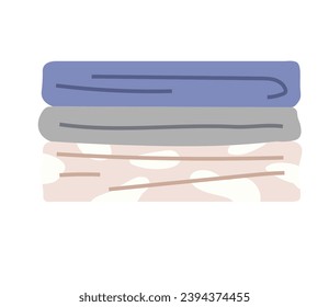 Bathroom towels pile vector illustration. Stack of folded textile, fabric or napkins isolated on white background. Bathroom linen pile, laundry. Luxury spa accessories. Cotton face and body cloth
