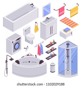 Bathroom units furniture accessories isometric set with bathtubs shower cabins cubicles towel holder sink isolated vector illustration 