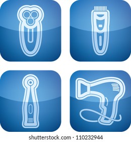 Bathroom Utensils and other related everyday things, from left to right:  Rotary razor, Hair clipper, Electric toothbrush, Hair dryer.