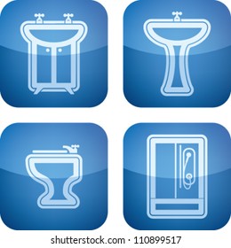 Bathroom Utensils and other related everyday things, from left to right:  Sink, Washstand, Bidet, Shower.