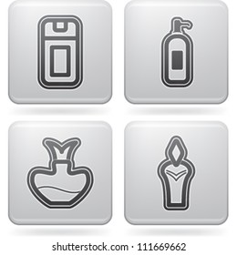 Bathroom Utensils and other related everyday things, from left to right:  Shower gel, Liquid soap, Parfume, Eau du toilette.