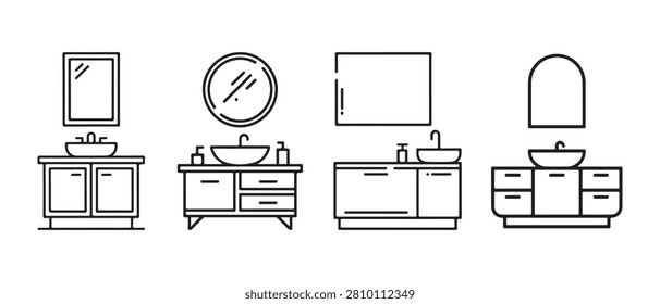 Bathroom Vanity Cabinet Icon Set. Featuring Modern Sink Basins and Wall Mirrors Line Art.