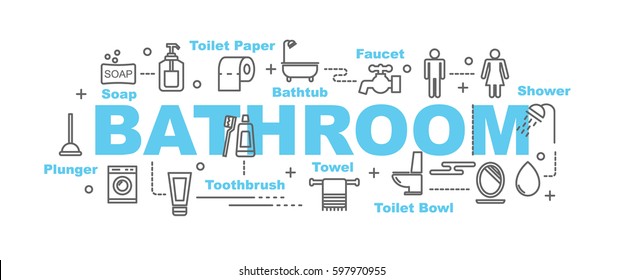 bathroom vector banner design concept, flat style with thin line art icons on white background
