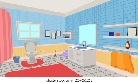 Bathroom Vector Cartoon Illustration Interior window towels frames carpet rug sink closet shelves curtain toilet basket small ladder 