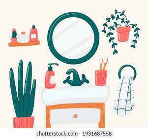 Bathroom vector cartoon illustration. Mirror shelf plant bathtub towel. Personal hygiene, home interior concept. Dispenser, toothbrush, tooth paste shampoo shower gel bottle