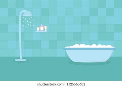 Bathroom vector design with bathtub, shower and shower cream.