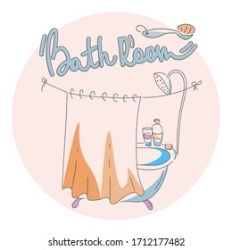 Bathroom. Vector flat cartoon image of a bathtub plus lettering. Pastel colors, hand drawing