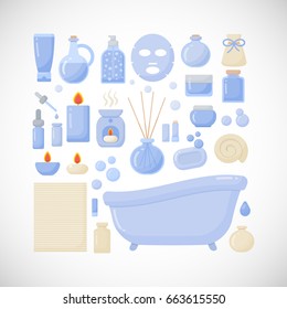 Bathroom vector flat icons, big set of flat design interior, body care and cosmetic products objects isolated on the dark background, vector illustration