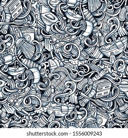 Bathroom vector hand drawn doodles seamless pattern. Bath graphics background design. Interior cartoon trace illustration.
