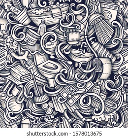 Bathroom vector hand drawn doodles seamless pattern. Bath graphics background design. Interior cartoon trace illustration.