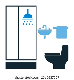 Bathroom Vector Icon, Modern Design Featuring Shower and Sink, Towel, and Toilet, Ideal for Home Interior, Real Estate, or Hospitality Projects, Minimalistic and Clean Illustration