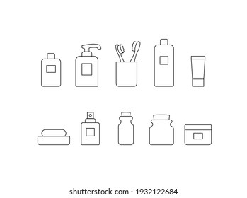 Bathroom vector icon set. Simple bathroom accessories thin line outline signs collection. Personal hygiene concept. Flat design isolated on white background. EDITABLE STROKE.