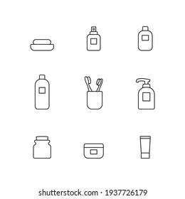 Bathroom vector icon set. Simple bathroom accessories thin line outline signs collection. Personal hygiene concept. Flat design isolated on white background