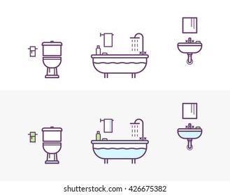 Bathroom Vector Icons Set in the Style of Line Art. toilet, bath, shower, washbasin
