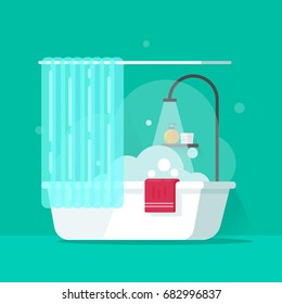 Bathroom vector illustration, flat cartoon bath with water flowing from shower and foam bubbles, bathtub