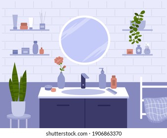 Bathroom vector illustration. Round mirror, shelves with beauty care cosmetics, plants, towel. Scene of daily morning or evening routine. Interior of bath room. Body and face skin cream, comb on sink