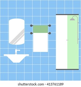 Bathroom vector illustration. Sink. Toilet. Shower. Towel