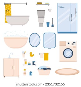 Bathroom vector set. Bathroom, shower, toilet, washing machine, mirror, cabinet, towel, duck, carpet