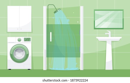 Bathroom view semi flat vector illustration. All bath equipment. Washing machine, washbasin, shower cubicle with running water, mirror, wall cabinet 2D cartoon scene for commercial use
