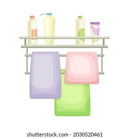 Bathroom Wall Mounted Shelf with Hygienic Accessories and Towel Vector Illustration