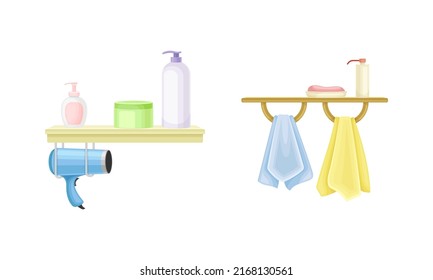 Bathroom Wall Mounted Shelf with Hygienic Accessories and Towel Vector Illustration Set