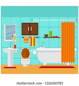 Bathroom with wardrobe, toilet, mirror, wardrobe and washbasin. Vector illustration on the theme of the interior.
