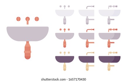 Bathroom wash basin sink vessel for toilet, lavatory kitchen corner. Home, office, hotel restroom sanitary application. Vector flat style cartoon illustration, different colors and view