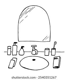 Bathroom, washbasin with faucet, mirror, jars, lotion, glass with toothbrush, towel. Interior item, furniture. Simple vector illustration, hand drawn drawing with black outline.